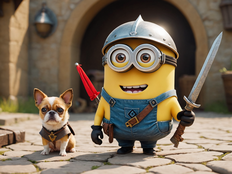 31076010-2198818543-a Minion, dressed like a medieval Ranger, with a cute little dog and a bow, cinematic film still.png